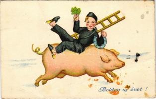 Boldog Újévet! / New Year greeting card, chimney sweeper riding on a pig with ladder, horseshoe and clover (EB)