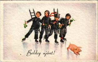 1939 Boldog Újévet! / New Year greeting card, chimney sweepers ice skating, winter sport, pig. Import 42. 9297.