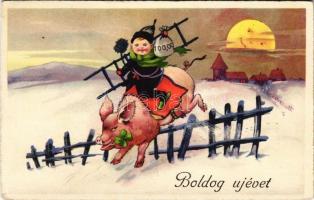 Boldog Újévet! / New Year greeting card, chimney sweeper riding on a pig with ladder, clover and money. H.A.C.O. 6562. litho (EK)