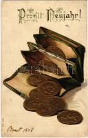1908 Prosit Neujahr! / New Year greeting card with money, purse, wallet, coins. Ser. 248. Emb. litho (small tear)