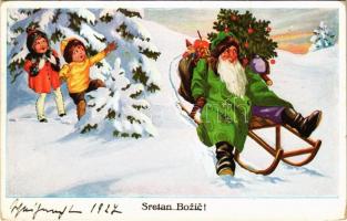 1927 Sretan Bozic! / Croatian Christmas greeting card with Santa Claus, Saint Nicholas sliding. W.S.S.B. 9672.