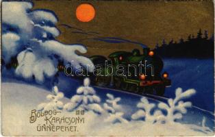 1930 Boldog Karácsonyi Ünnepeket! / Christmas greeting card with locomotive, train in winter. H.W.B. Ser. 14237.