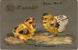 1905 Húsvéti üdvözlet / Easter greeting card with chicken. Emb. litho