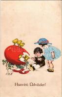 1922 Húsvéti üdvözlet / Easter greeting card, children with chicken. L.P. 271/I. artist signed(fl)