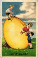 1931 Húsvéti üdvözlet / Easter greeting card, children with egg (EK)