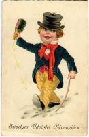 1930 Szívélyes üdvözlet névnapjára / Name Day greeting card, boy with champagne (EB)