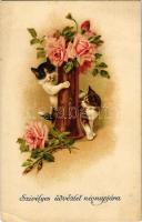 1927 Szívélyes üdvözlet névnapjára / Name Day greeting card, cats with roses. Amag No. 1551. (EK)