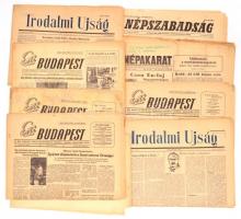 1954-1957 Vegyes újság tétel, 9 db: Esti Budapest 1956. júl. 21.,6 p.; Esti Budapest 1956. júl. 27., 6 p., Esti Budapest 1956. aug. 22., 4 p., Esti Budapest 1954. jan. 23., 6 p.; Irodalmi Újság, 1954. aug. 14., okt. 30.,8+8 p.; Szabad Nép, 1956. júl. 11., 4 p.; Népakarat. 1957., jan. 10., 8 p.; Népszabadság. 1957. jan. 26., 12 p. Benne a kor híreivel. Érdekes írásokkal. Közte szakadt, foltos, hiányos, az egyik lap sarkán hiány, egy másikon kivágás.