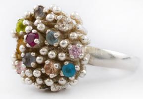 Ezüst(Ag) extravagáns gyűrű, színes kövekkel, jelzett, méret: 54, bruttó: 8,2 g