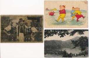 5 db RÉGI képeslap vegyes minőségben: Tusnád, népviselet, Bánffyhunyad, korcsolyázó malacok / 5 pre-1945 postcards in mixed quality: Tusnad, folklore, Huedin, pigs ice skating