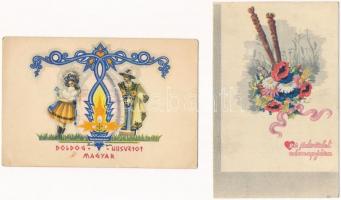6 db régi Bozó irredenta ünnepi üdvözlőlap, művészlap / 6 pre-1945 Bozó signed irredenta greeting ca...