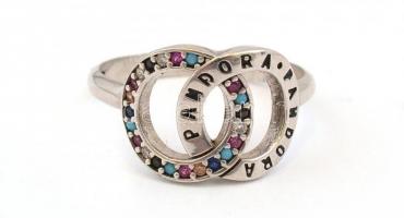 Ezüst(Ag) dupla körös gyűrű, Pandora jelzéssel, apró kövekkel, méret: 58, bruttó: 3,2 g