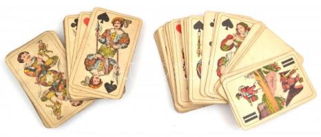 cca 1910 Piatnik tarokk kártyapaklik, 2 pakli, 42+42 laposak, kék és piros hátlapokkal, de kártyabélyeg nélkül, 12x8 cm