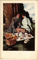 Romantic couple having a picnic, lady, dog. M. Munk Vienne 389. s: Clarence F. Underwood (EK)
