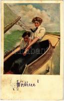 1909 Romantic couple in a sailboat. M. Munk Vienne No. 453. s: Clarence F. Underwood (fl)