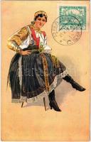 Pöstyén, Pistyan, Piestany; Devce z Pístan / pöstyéni lány, szlovák folklór művészlap / Slovak folklore art postcard. 318-4. s: K. Simunka