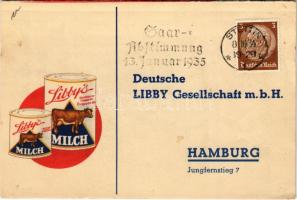 Libbys Milch. Libby-Kochbuch. Deutsche Libby Gesellschaft m.b.H. / German milk advertising card + Saarabstimmung 13. Januar 1935 So. Stpl. (EK)