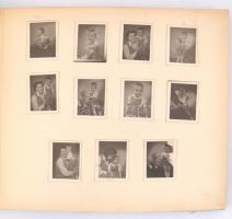 cca 1940 Okolitsy Szabó Zoltán hímzett, vászon, sérült fotóalbuma, családi életképekkel, közte beragasztott verssel és horoszkóppal, 250 fotóval, 15,5x9,5 és 6,5x5 cm közötti méretekben