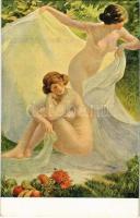 Überrascht / Erotic nude girls art postcard. M.J.S. 141. s: Mondineu