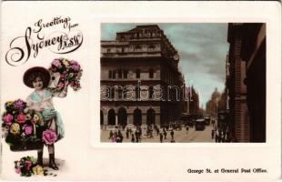 1909 Sydney, George Street at General Post Office, trams. Girl with flowers montage. Stanley Mullen Pty Ltd. (EK)