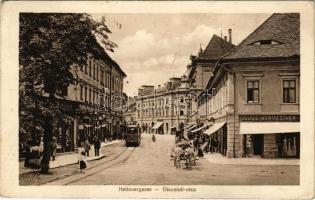 1920 Nagyszeben, Hermannstadt, Sibiu; Heltauergasse / Disznódi utca, villamos, Julius Wermescher üzlete, szálloda. Nr. 53. Kunstanstalt Jos. Drotleff / street view, tram, shops, hotel (EK)