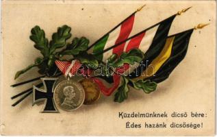 1915 Küzdelmünknek dicső bére: Édes hazánk dicsősége! / WWI German and Austro-Hungarian K.u.K. military, Viribus Unitis propaganda, flags. B.N.K. 7550. litho (kis szakadás / small tear)