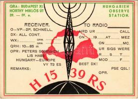 QSL rádióamatőr összeköttetést igazoló lap irredenta grafikával / Hungarian irredenta propaganda art on a QSL confirmation card of a two-way communication between two amateur radio stations