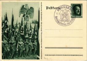 Festpostkarte zum Reichsparteitag / NSDAP German Nazi Party propaganda, swastika flags, soldiers. 6 Ga. Adolf Hitler + 1937 Reichsparteitag der NSDAP Nürnberg So. Stpl.