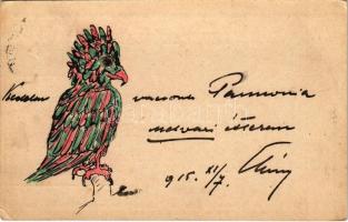 1915 Kézzel rajzolt trópusi madár / hand-drawn tropical bird art postcard (EK)