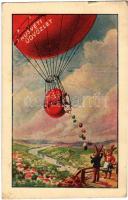1938 Húsvéti üdvözlet / Easter greeting card, rabbit in hot air balloon (Rb)