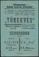 cca 1930-38 Törekvés-Uzhorod (Ungvár) labdarúgó mérkőzés, Középeurópai Bajnok csapatok pünkösdje kétoldalas röplap , magyar és csehszlovák nyelven.Hajtásnyomokkal, szakadássalfoltos. / Törekvés-Uzhorod football match leaflet, in hungarian and czechoslovakian languague, spotty, with tear and worn