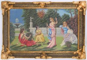 Díszes, üvegezett képkeret gobelinnel. Képméret 45x60 cm