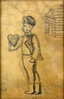 Gedő jelzéssel: Szerelmes szív. Ceruza, papír, üvegezett fa keretben, 21x13,5 cm
