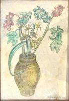 Gábor jelzéssel: Virág csendélet. Ceruza, papír, foltos, üvegezett fa keretben, 29,5x20,5 cm
