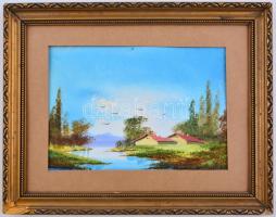 Zorkóczy jelzéssel: Vízparton. Olaj, papír, sérült fa keretben, 13,5x19,5 cm