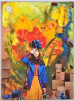 Gulyás jelzéssel: Röpülj páva. Olaj, kollázs, vászon, sérült, 40x30 cm