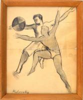 Medveczky jelzéssel: Mozgásban. Szén, papír, sérült, üvegezett fa keretben, 36,5x29 cm