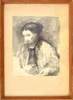 Bihari jelzéssel: Női portré. Lavírozott tus, papír, üvegezett fa keretben, 25x19,5 cm