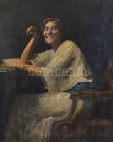 Glatter Ármin (1861-1931): Kacérkodó hölgy. Olaj, vászon, jelzett, sérült díszes fa keretben, 67×55,5 cm / Ármin Glatter (1861-1931): Flirting lady. Oil on canvas. Signed. Framed. 67x55,5 cm