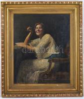 Glatter Ármin (1861-1931): Kacérkodó hölgy. Olaj, vászon, jelzett, sérült díszes fa keretben, 67×55,...