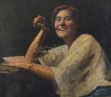 Glatter Ármin (1861-1931): Kacérkodó hölgy. Olaj, vászon, jelzett, sérült díszes fa keretben, 67×55,...