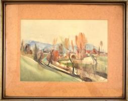 Olvashatatlan jelzéssel: Patak partján. Akvarell, papír. Üvegezett fa keretben, 22,5x31,5 cm