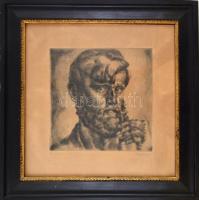 Aba-Novák Vilmos (1894-1941): Én szakállal 1923-ban. Rézkarc, papír, jelzett, korabeli üvegezett fa ...