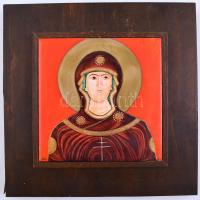 Sz M jelzéssel: Modern ikon. Zománcfesték, csempe, fa keretben, 15×15 cm