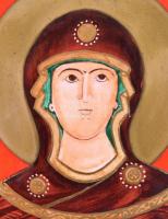 Sz M jelzéssel: Modern ikon. Zománcfesték, csempe, fa keretben, 15×15 cm