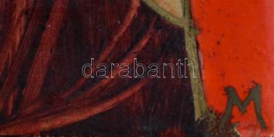 Sz M jelzéssel: Modern ikon. Zománcfesték, csempe, fa keretben, 15×15 cm