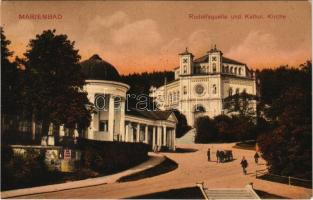 Mariánské Lázne, Marienbad; Rudolfsquelle und Kathol. Kirche / spa, bath, fountain, well, church, advertisements