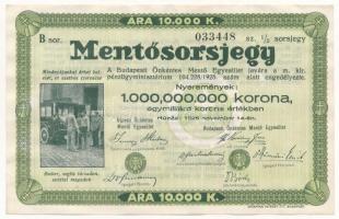 Budapest 1925. Mentősorsjegy 1/2 sorsjegy 10.000K értékben T:II