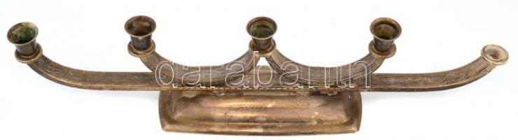 Ötágú fém, talpas gyertyatartó, egyik tartó hiányzik, kopottas állapotban 11,5x50 cm