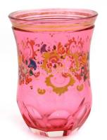 Rózsaszín üveg pohár, Formába fújt, kézzel festett, kopásokkal, 10 cm